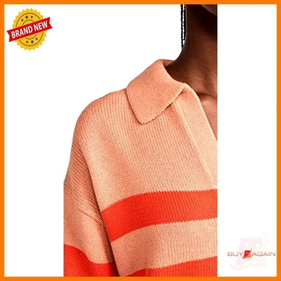 Cotton Cashmere Striped Polo Sweater Drop Shoulder Split Neck Classic Preppy